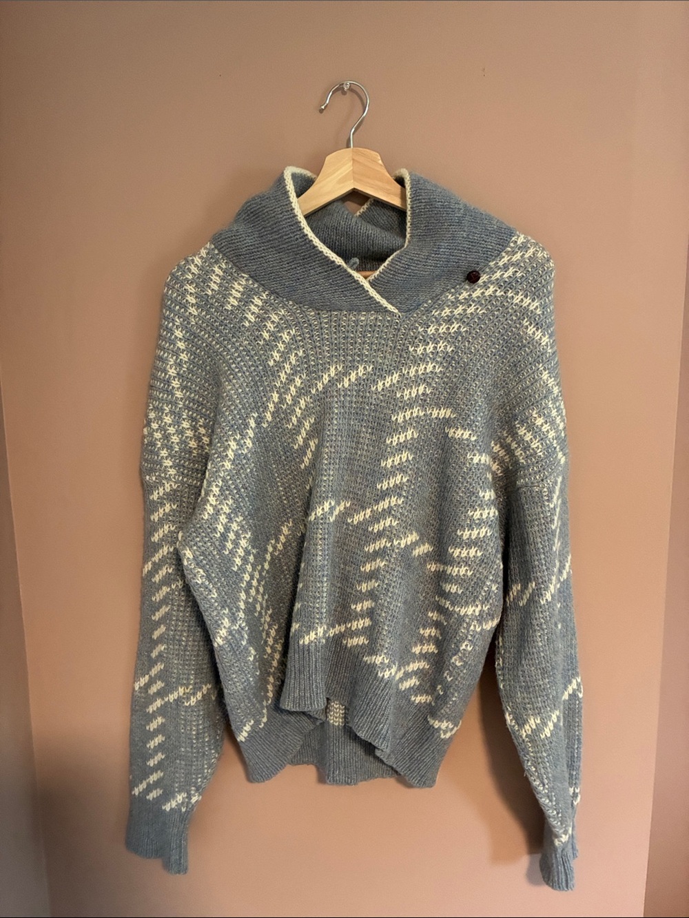 Men's Gray and Cream Shawl Collar Knit Sweater
